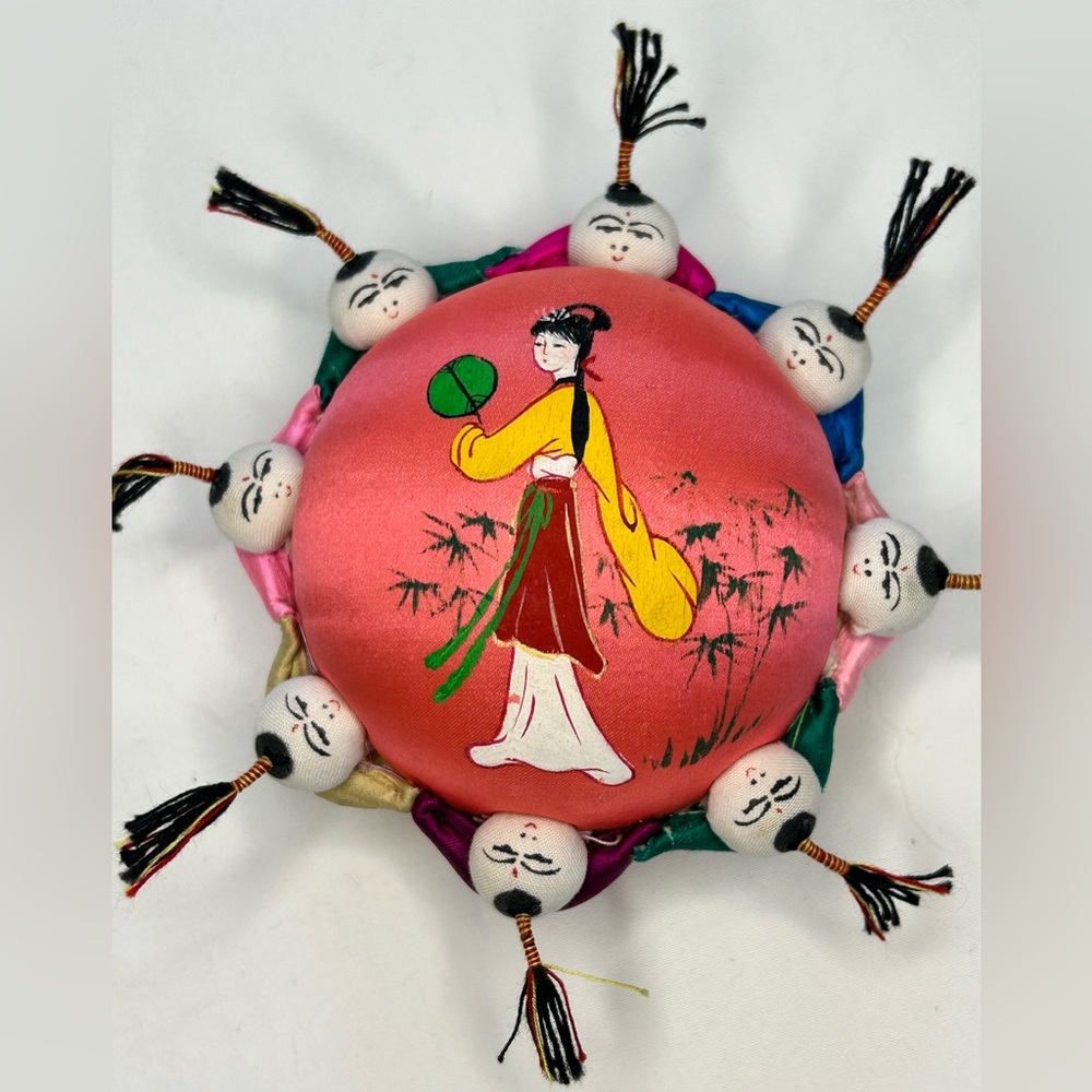 Vintage Asian Silk Pin Cushion 8 People Holding Hands and Hand-painted Geisha
